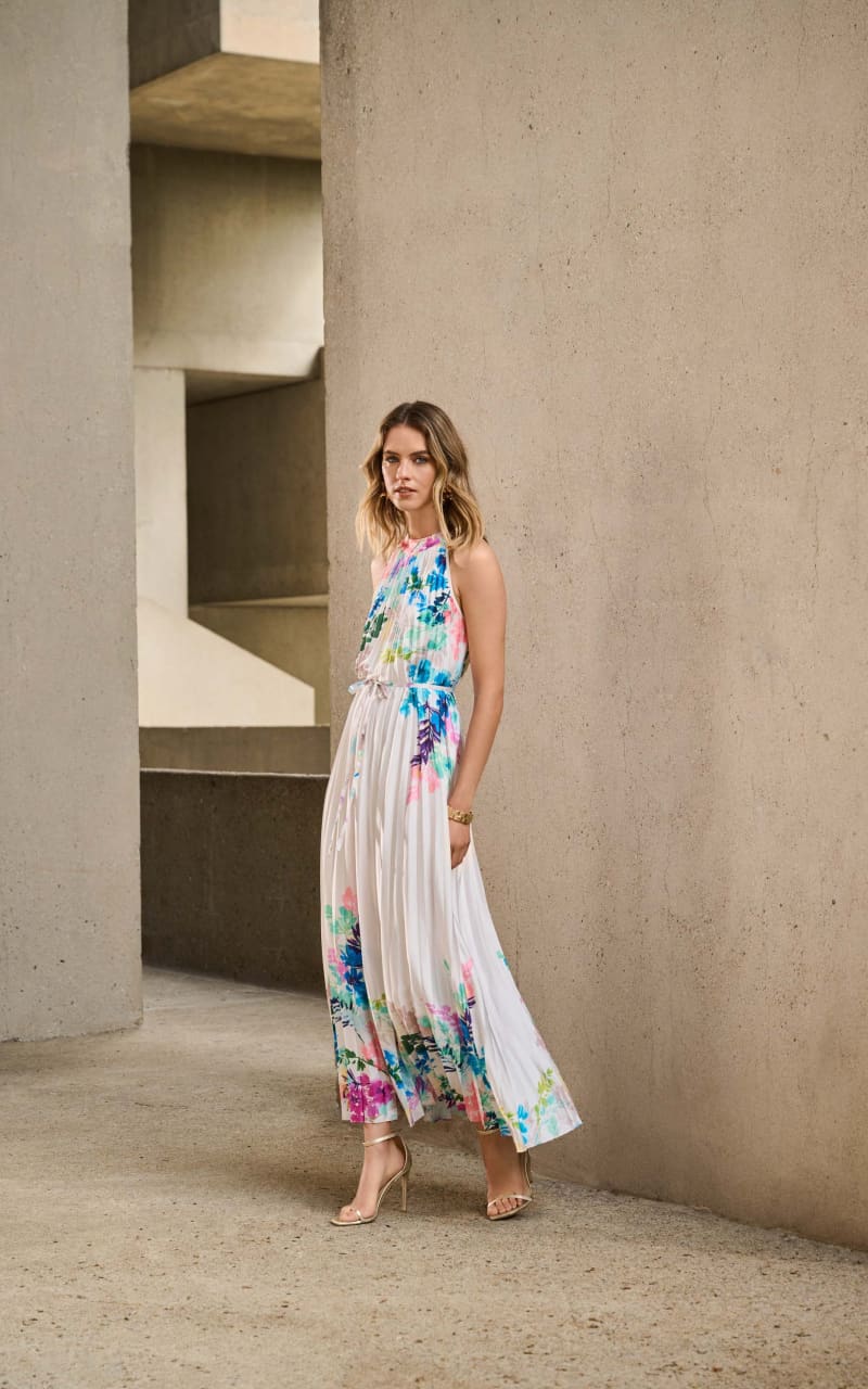 Joseph Ribkoff- Pleated Satin Floral Print Maxi Dress