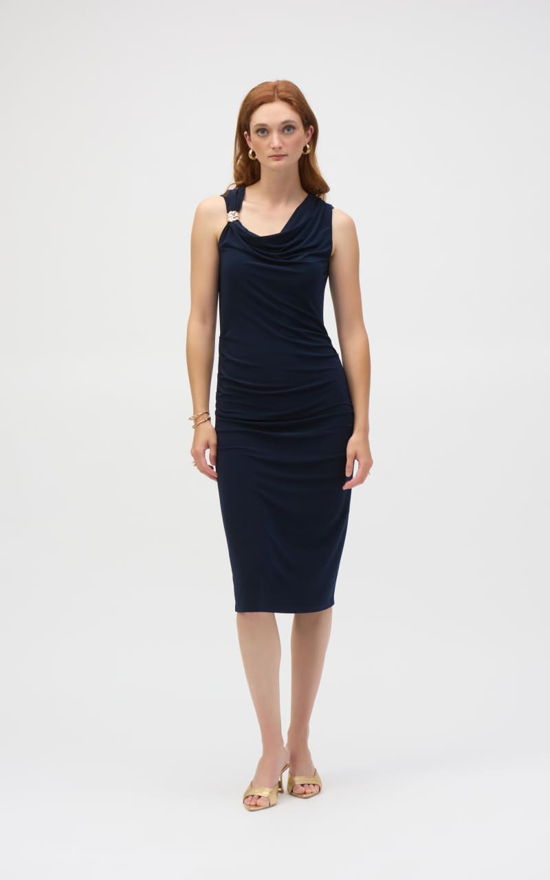 Joseph Ribkoff- Silky Knit Sheath Dress With Draped Neckline