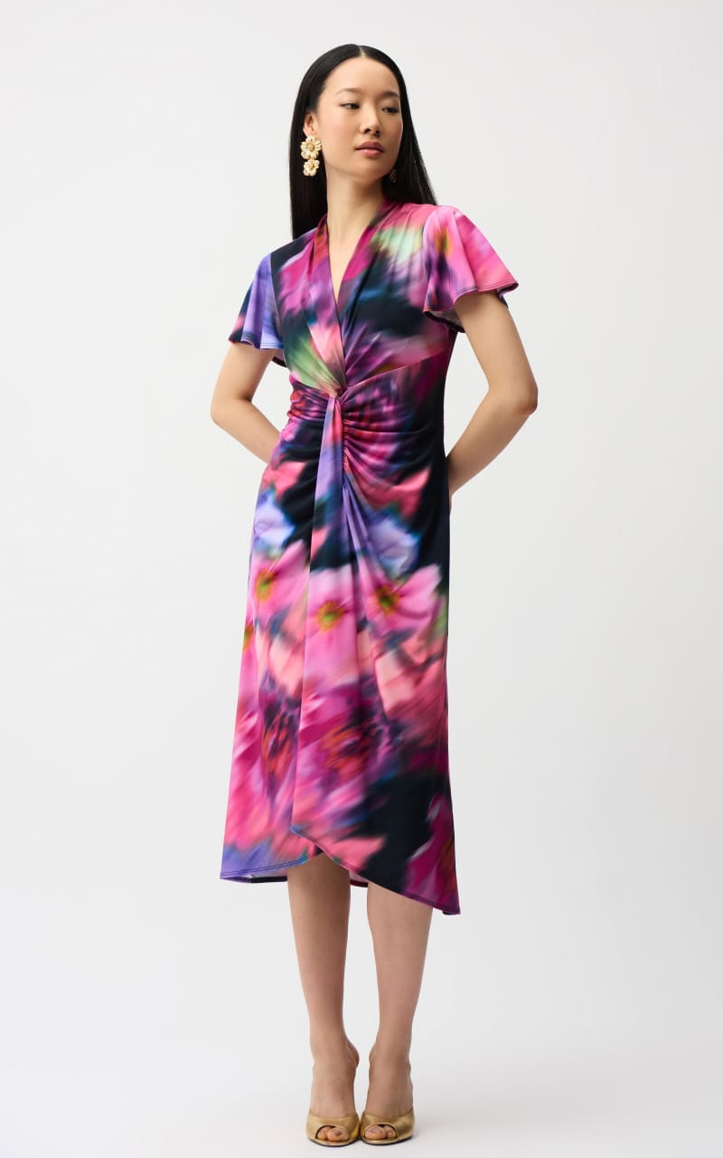 Joseph Ribkoff- Ruffled Midi Dress with Ruching in Mixed | floc boutique