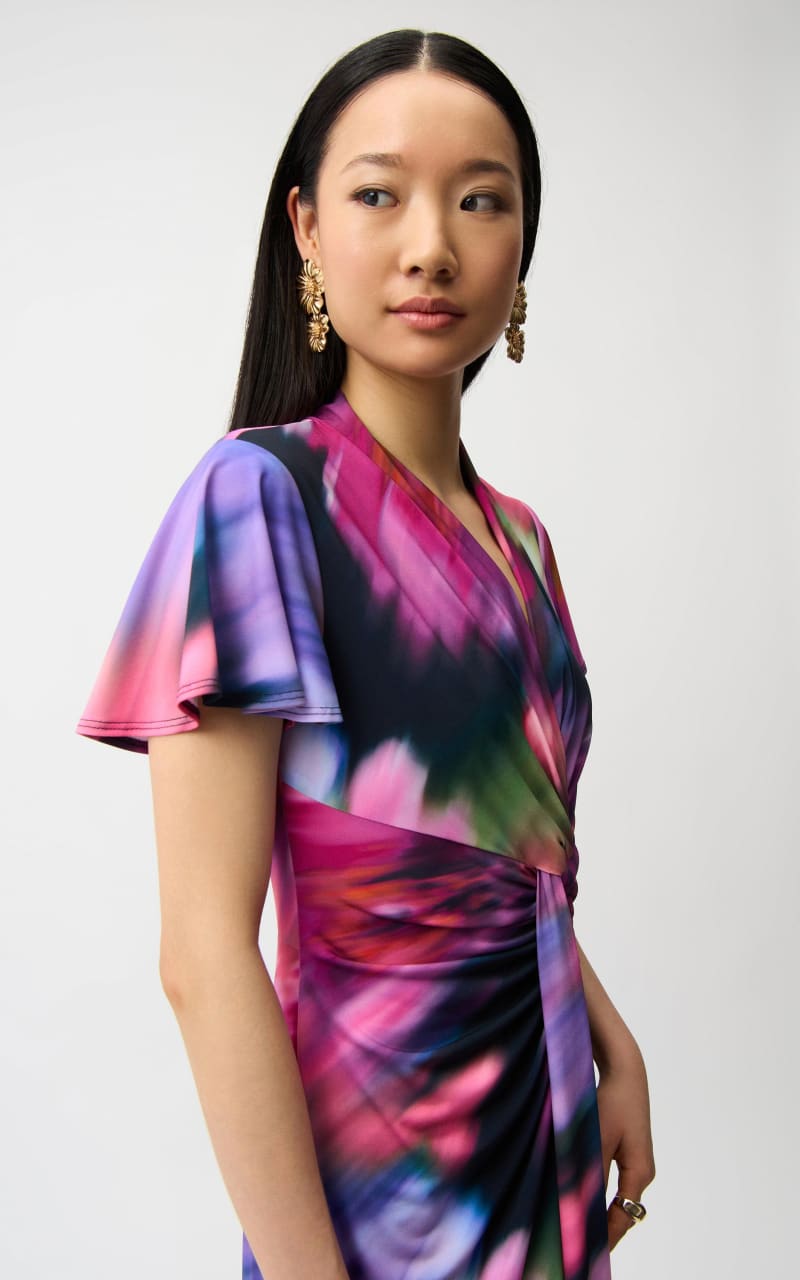 Joseph Ribkoff Ruffle Dress Joseph Ribkoff- Ruffled Midi Dress with Ruching in Mixed | floc boutique