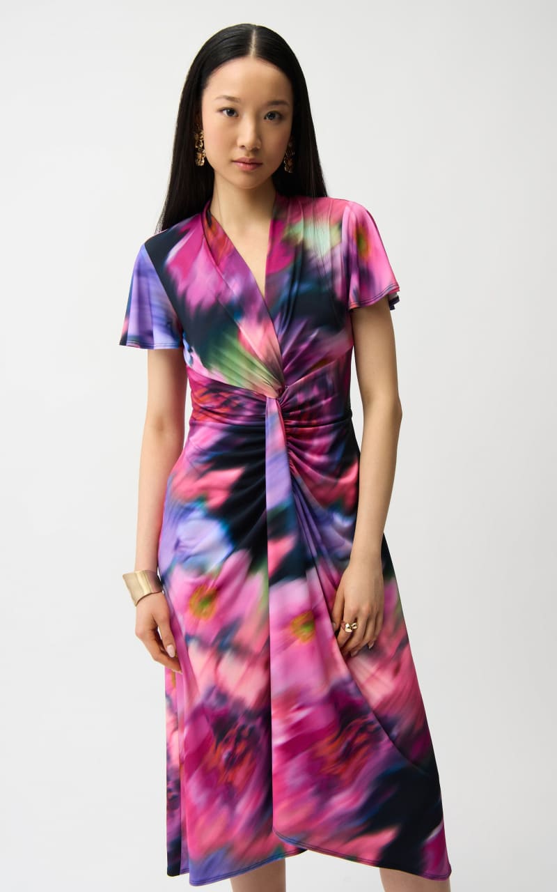 Joseph Ribkoff- Ruffled Midi Dress with Ruching in Mixed