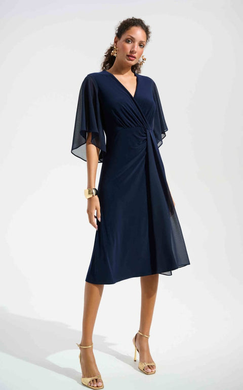 Pearl Joseph Ribkoff Midnight Blue Dress Joseph Ribkoff- Silky Knit Fit And Flare Dress With Chiffon Pearl Joseph Ribkoff Midnight Blue Dress Joseph Ribkoff- Silky Knit Fit And Flare Dress With Chiffon