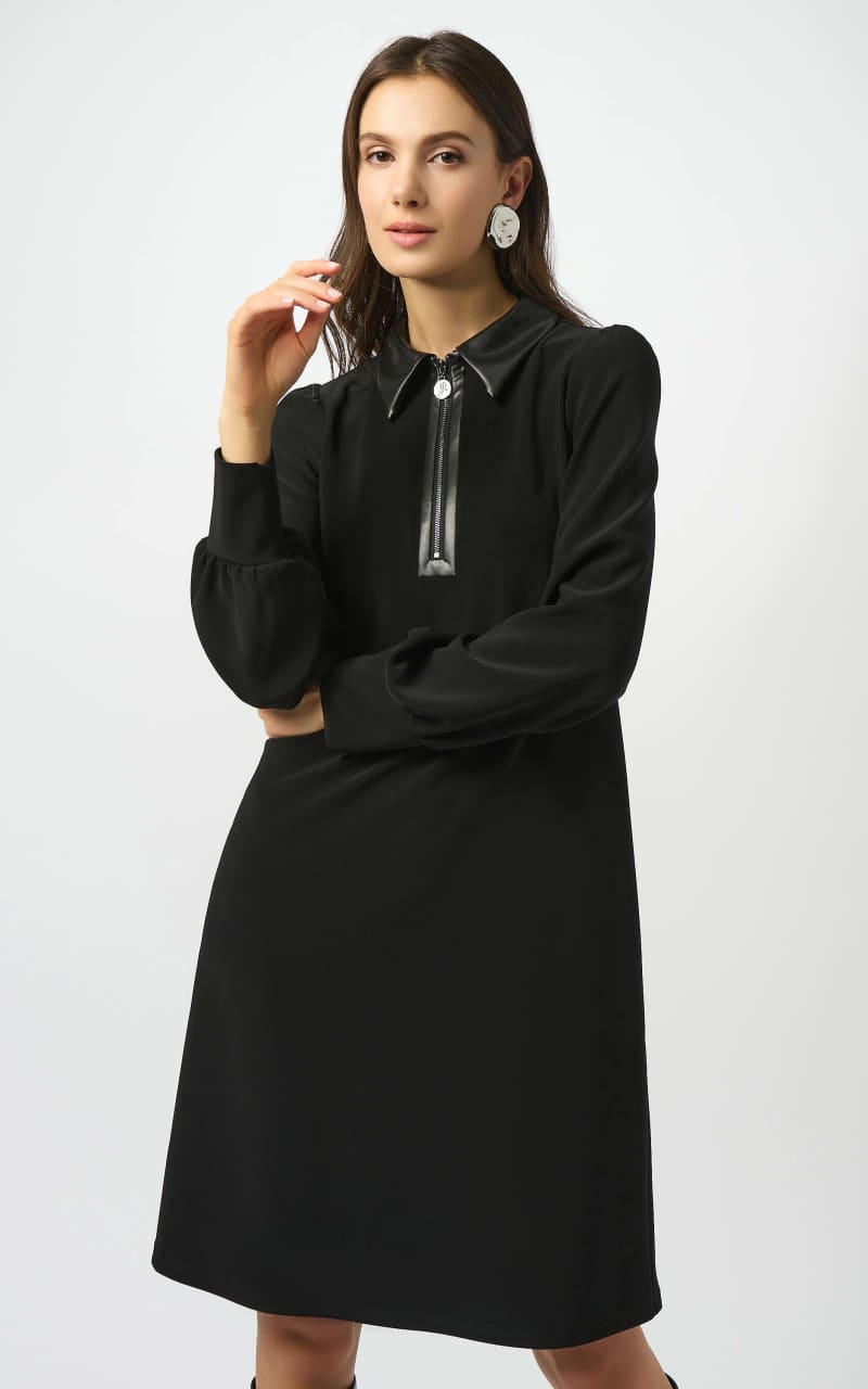 Joseph Ribkoff- Silky Knit & Leatherette Trapeze Dress