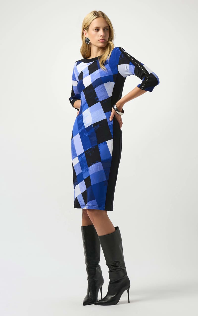Joseph Ribkoff- Silky Knit Plaid Print Sheath Dess in Blue