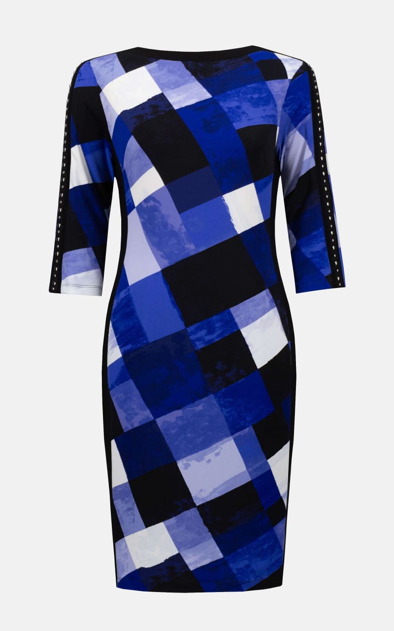 Joseph Ribkoff- Silky Knit Plaid Print Sheath Dess in Blue