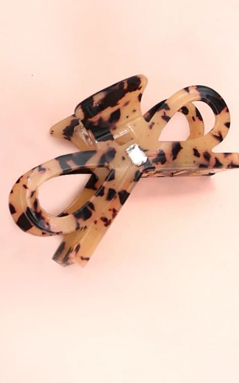 JOSSLYN- Large Cute Bow Ribbon Rhinestone Hair Claw - Tort
