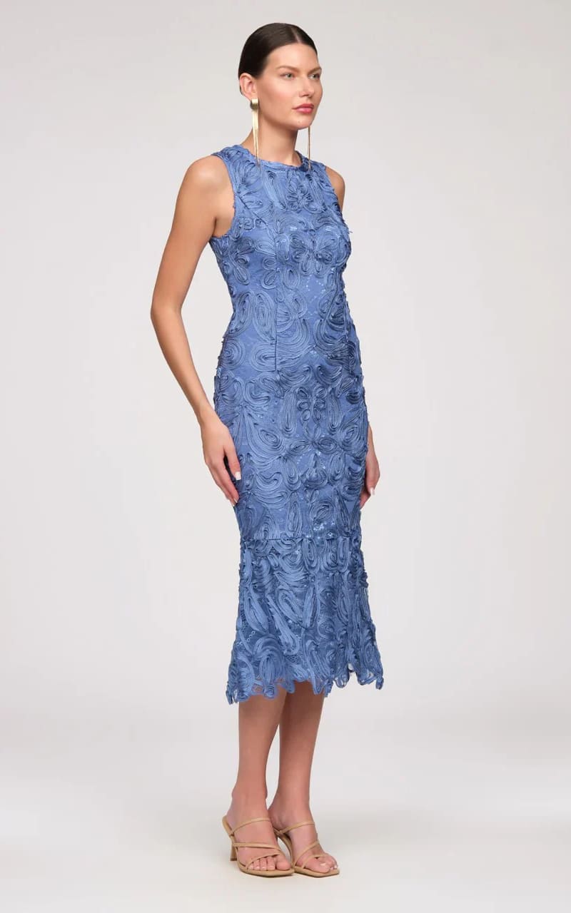 JS Collections- Meli Soutache Tea Length Dress in Azure