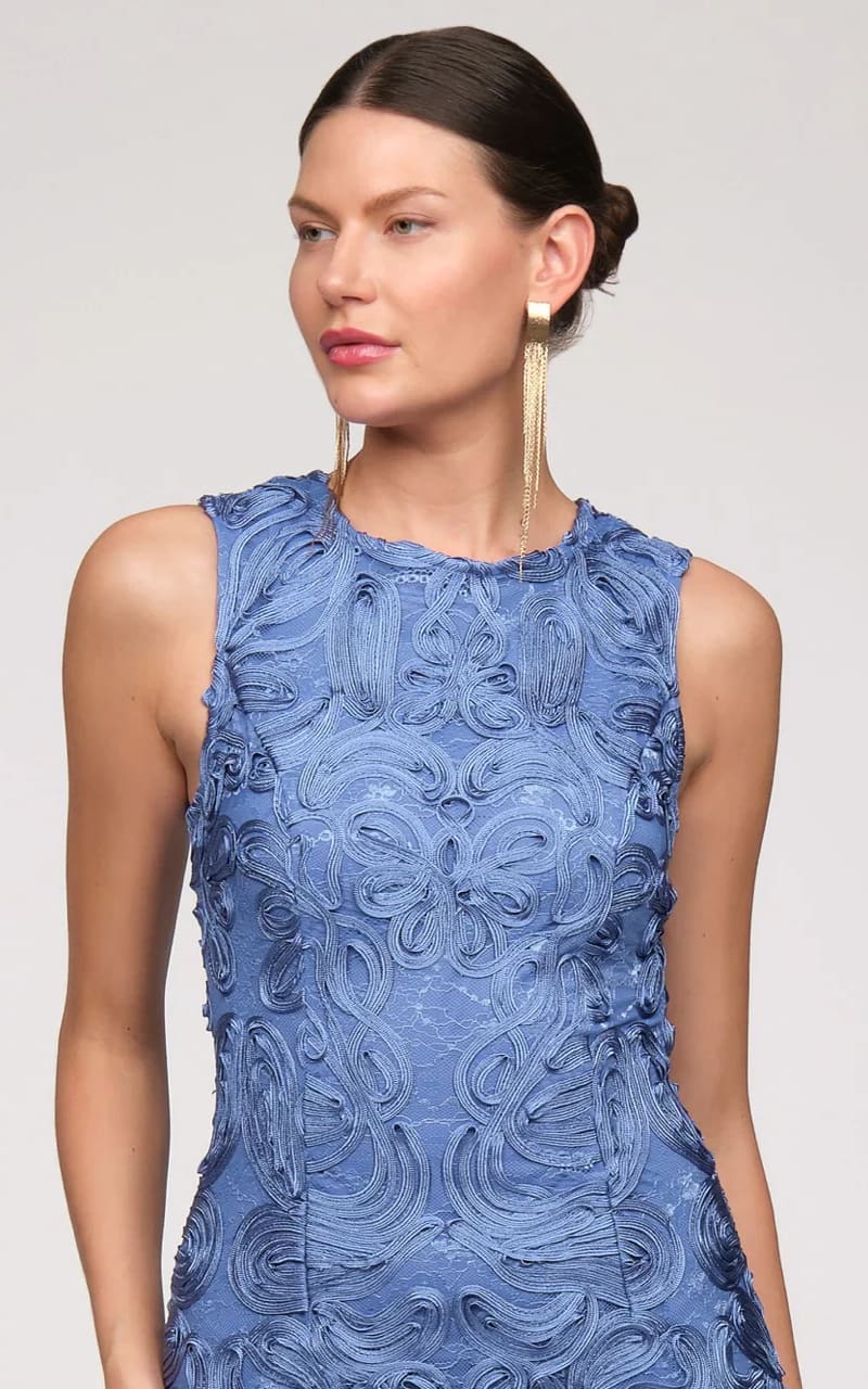 JS Collections- Meli Soutache Tea Length Dress in Azure