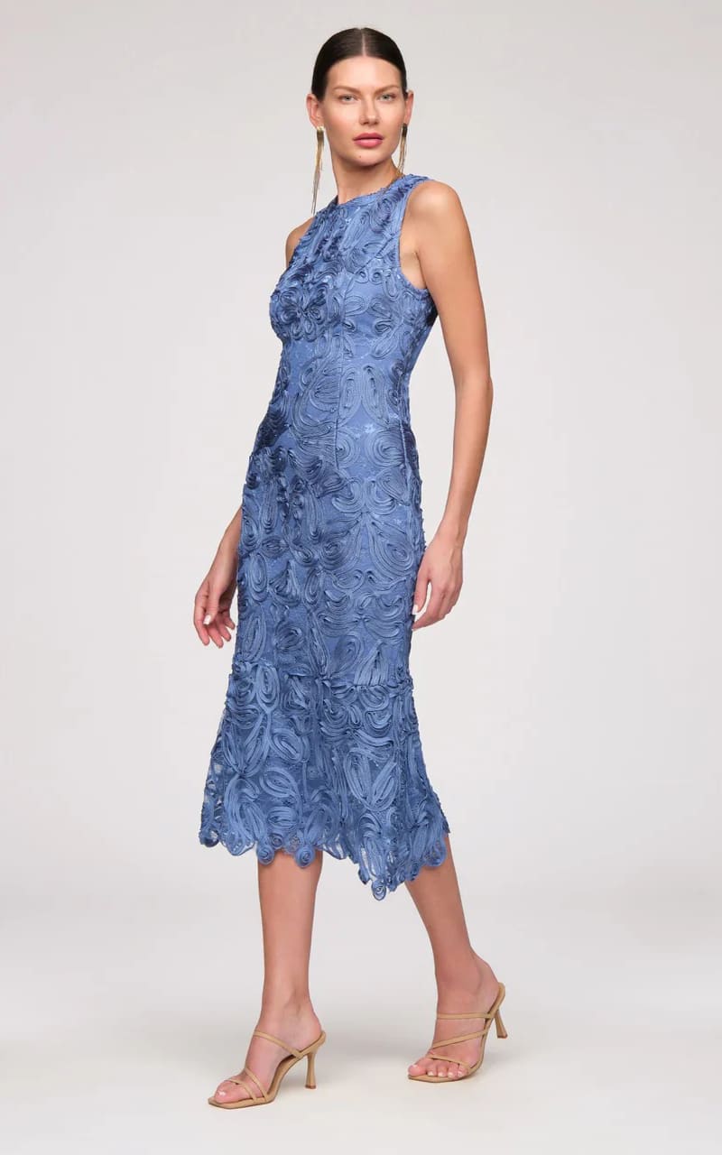 JS Collections- Meli Soutache Tea Length Dress in Azure