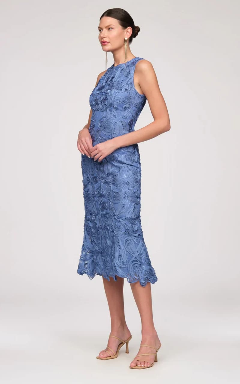 JS Collections- Meli Soutache Tea Length Dress in Azure