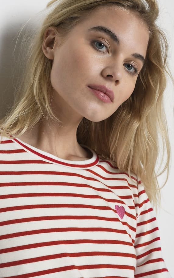 Kaffe- Liddy Striped Long Sleeve with Pink Heart - Shirts &