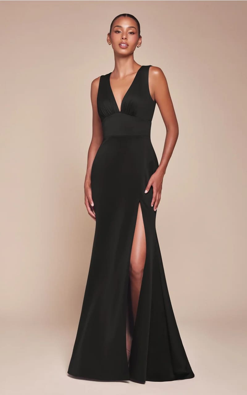 Ladivine- Fitted Cutout Back Sleeveless Slit Gown in Black