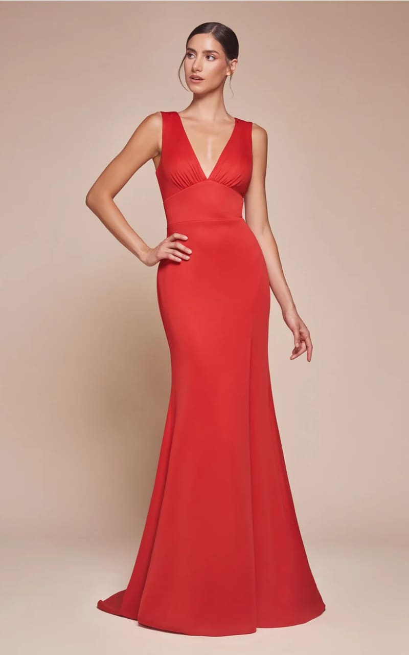 Ladivine- Fitted Cutout Back Sleeveless Slit Gown in Red