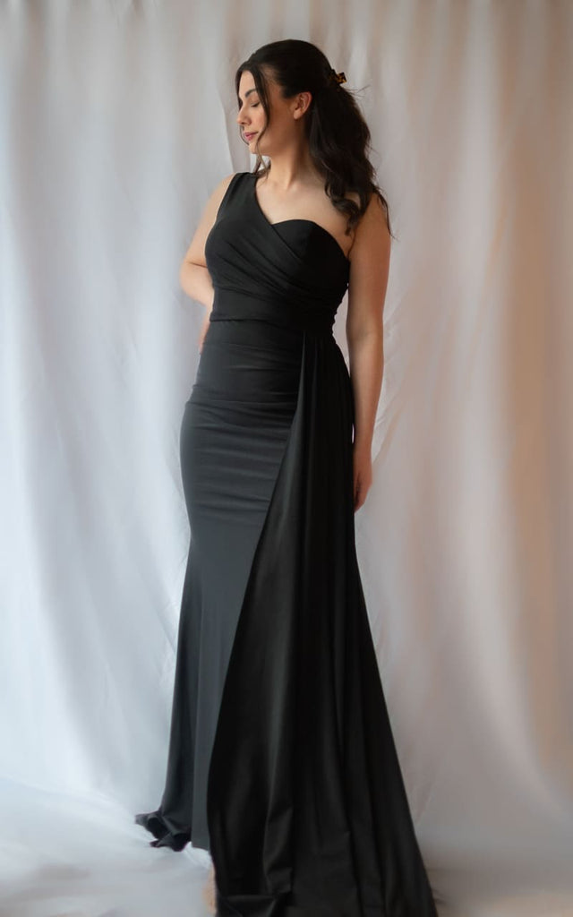 Ladivine- Fitted Stretch Satin One Shoulder Gown in Black