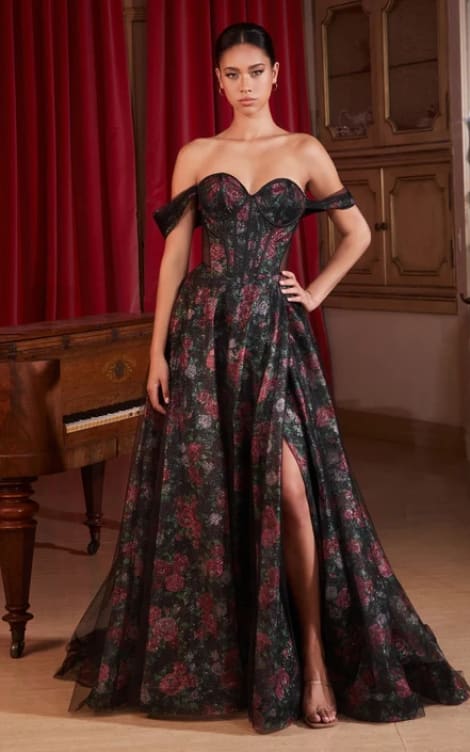 Ladivine- Off The Shoulder Ball Gown with Floral Underlay