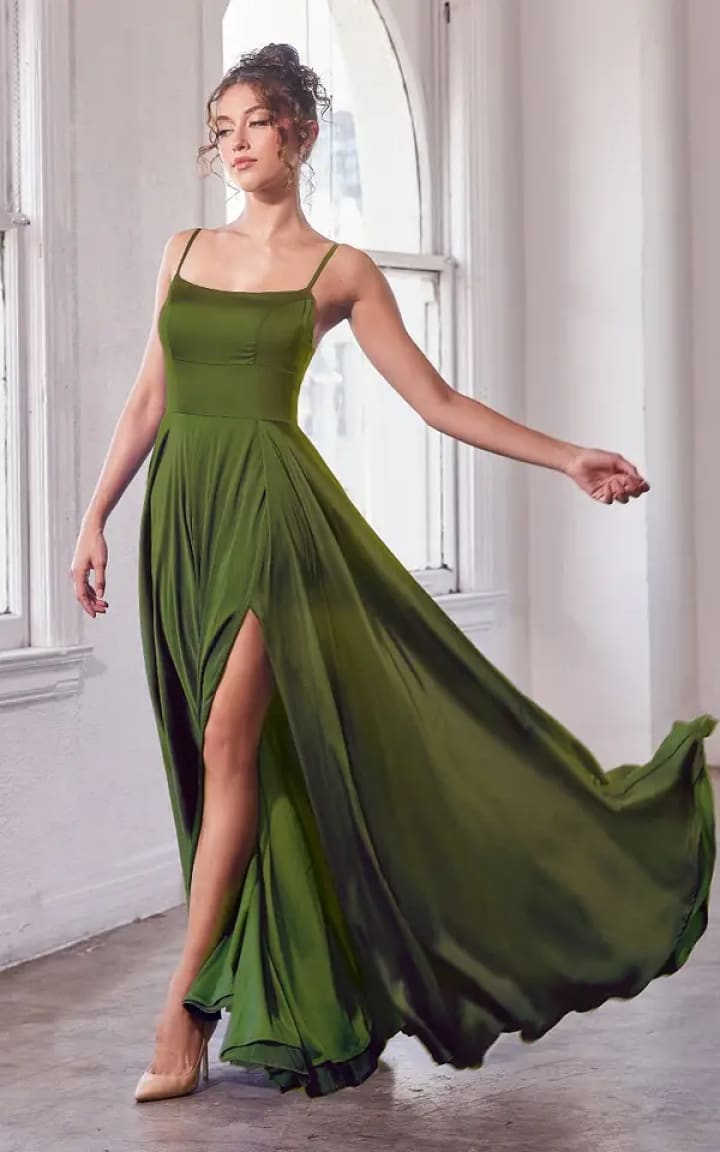 Ladivine- Satin A-Line Gown in Greenery - dr