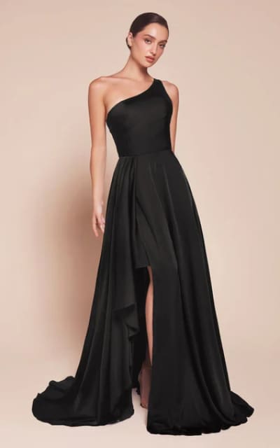 Ladivine - One Shoulder Satin Maxi Dress in Black - DRESS