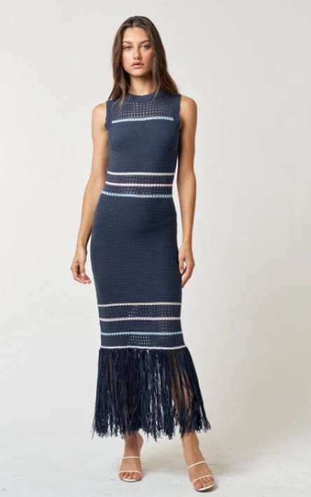LALAVON- Knit Stripe and Fringe Detailed Dress