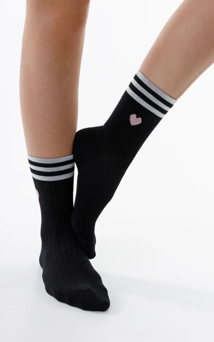 LimLim - Stripe Rib Glitter Heart Sock in Black - Socks