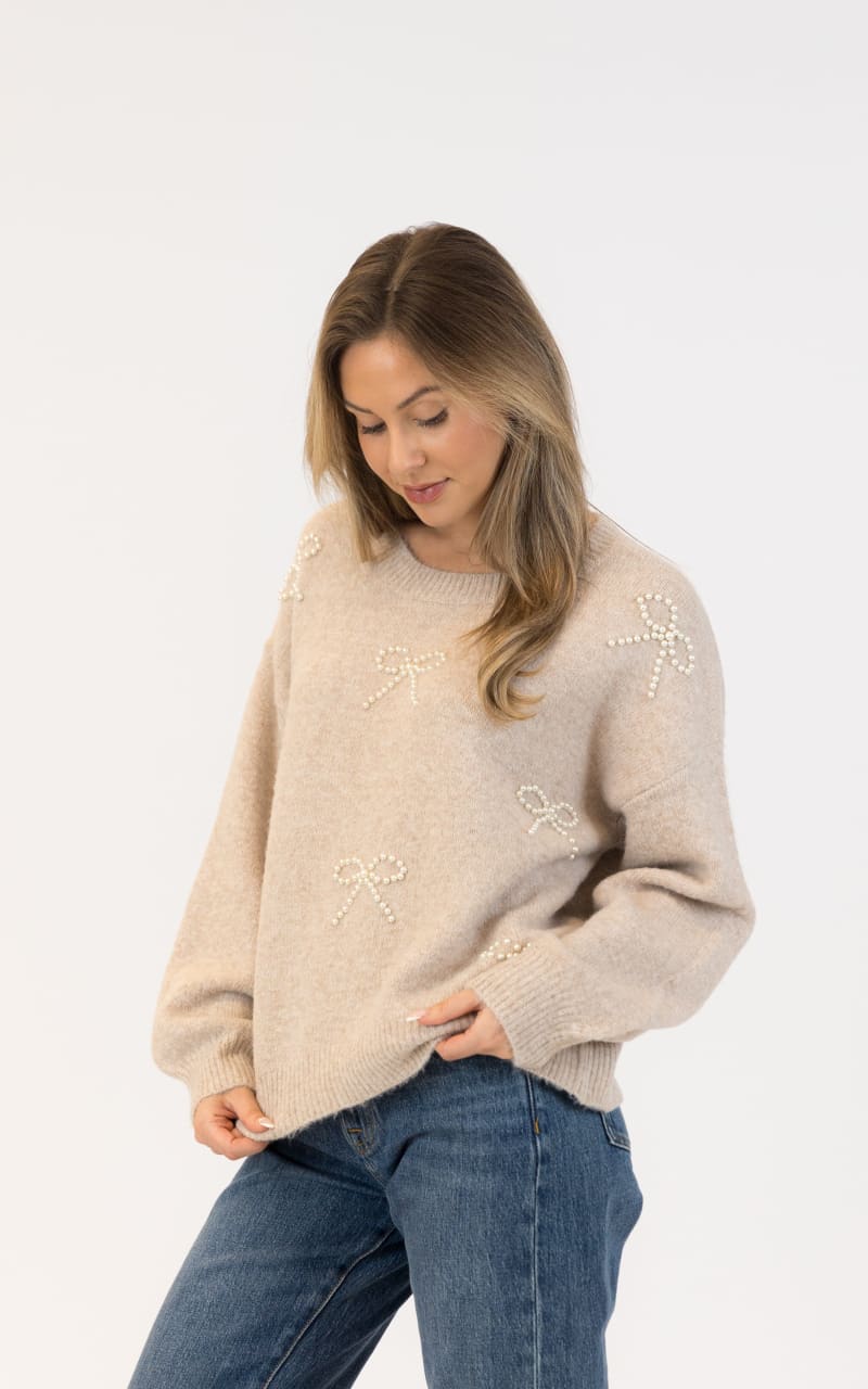 Lyla + Luxe Bows Eco Crewneck Sweater in Beige SWEATER &
