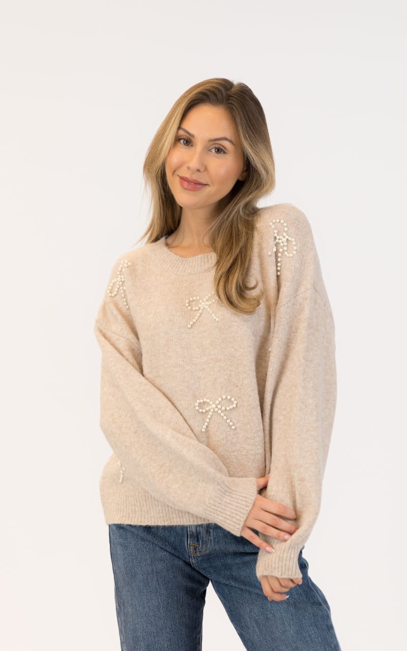 Lyla + Luxe Bows Eco Crewneck Sweater in Beige SWEATER &