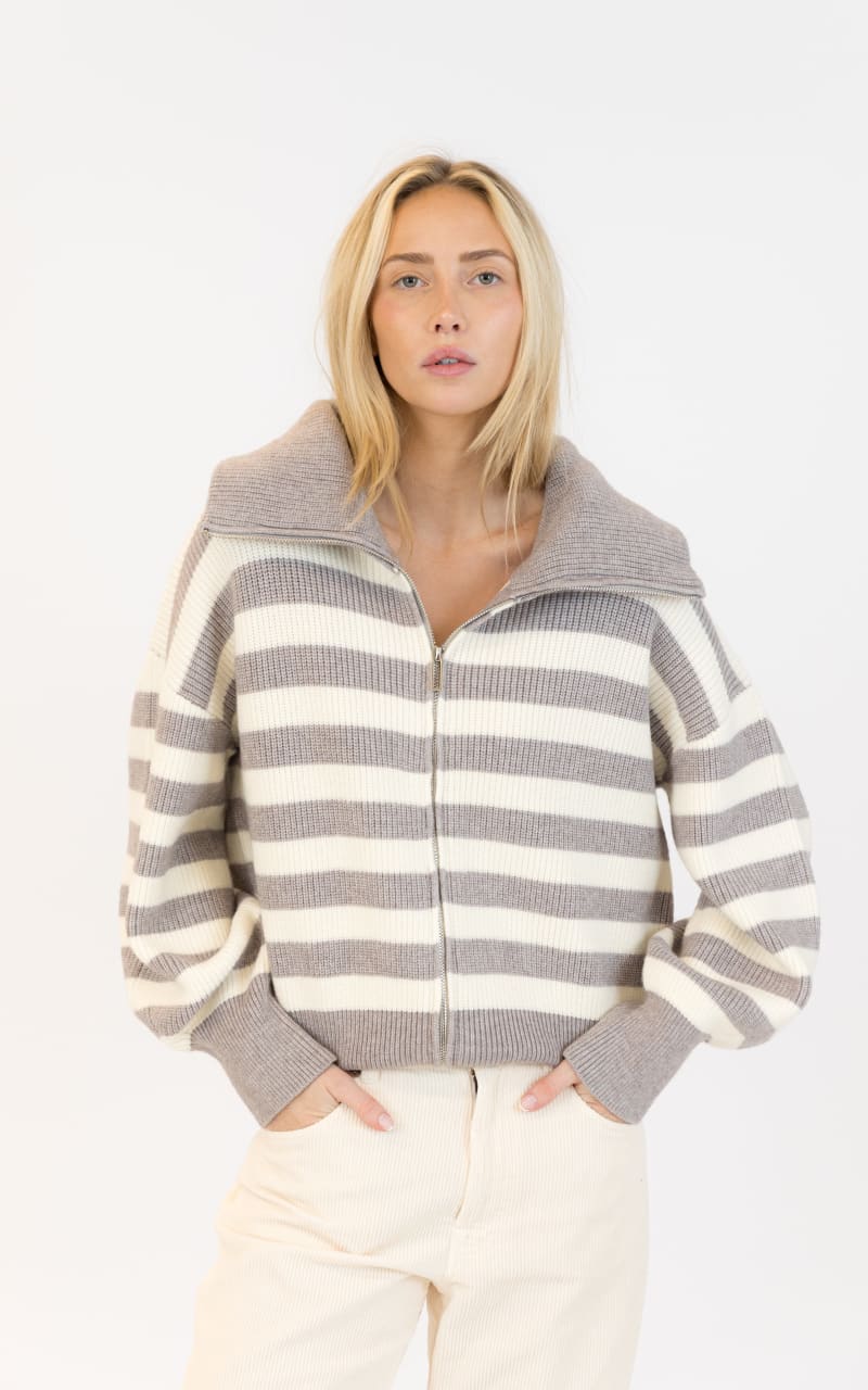 Lyla + Luxe James Zip Up Cardigan in Grey White Stripe