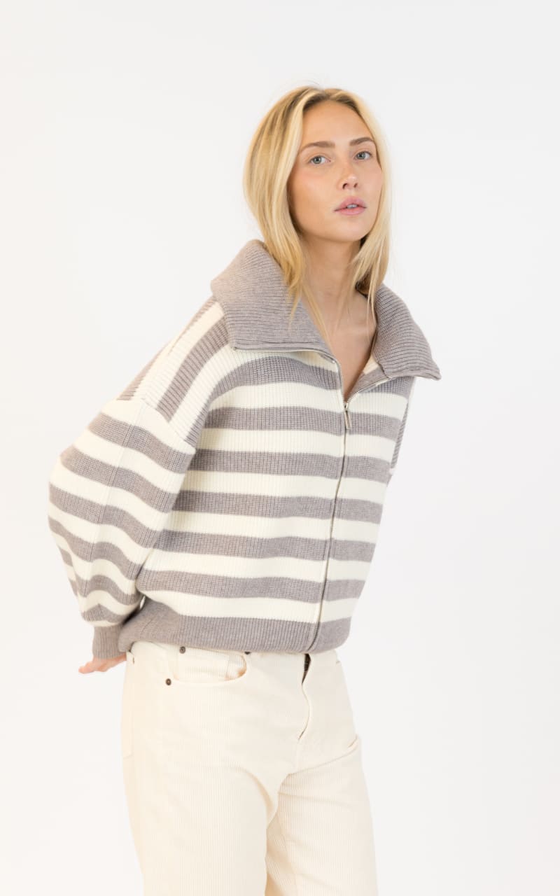 Lyla + Luxe James Zip Up Cardigan in Grey White Stripe