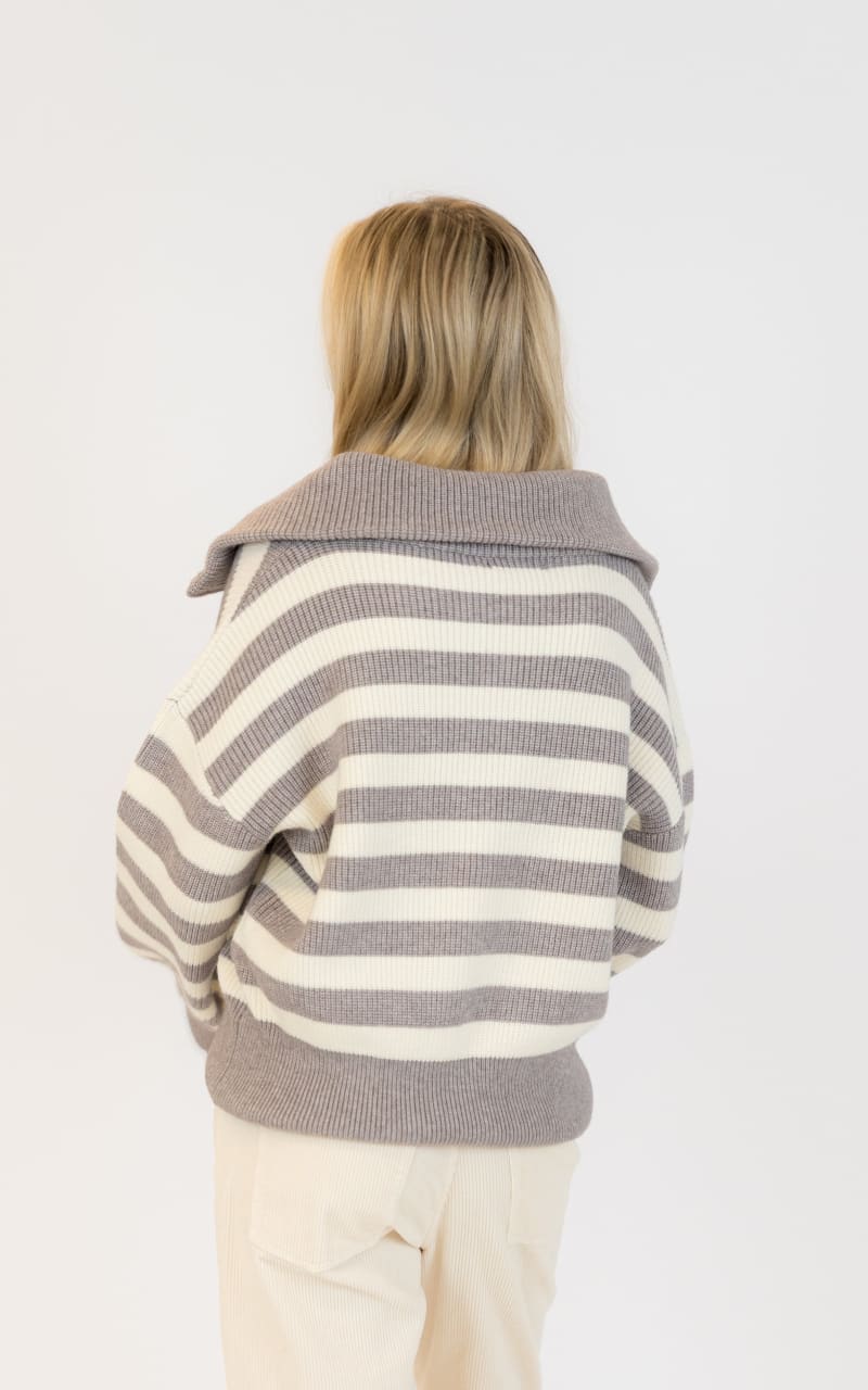 Lyla + Luxe James Zip Up Cardigan in Grey White Stripe