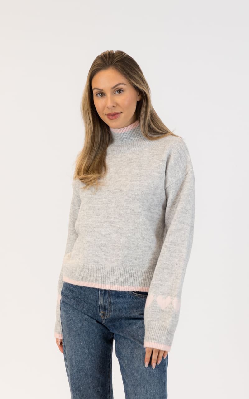 Lyla + Luxe Macy Eco Mockneck Sweater in Grey Pink Hearts