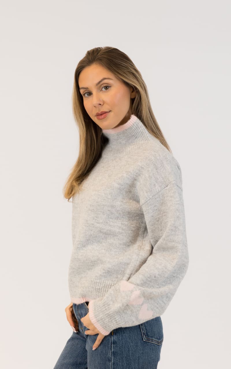 Lyla + Luxe Macy Eco Mockneck Sweater in Grey Pink Hearts
