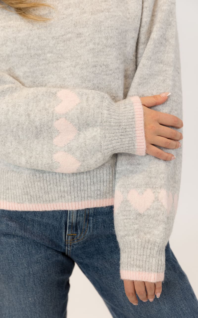 Lyla + Luxe Macy Eco Mockneck Sweater in Grey Pink Hearts