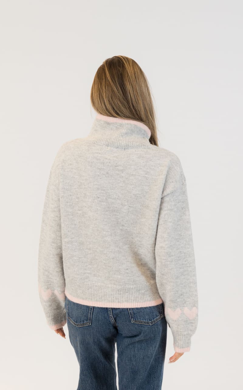 Lyla + Luxe Macy Eco Mockneck Sweater in Grey Pink Hearts