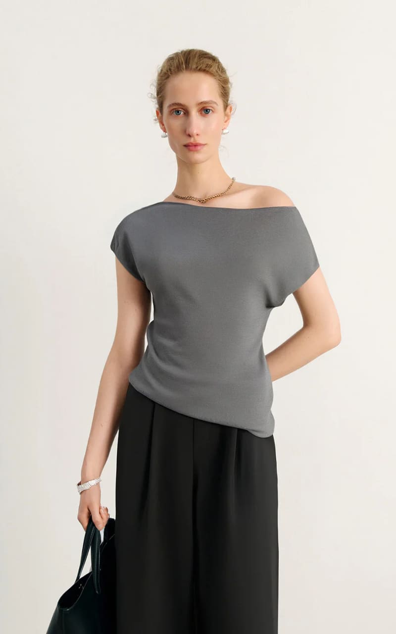 MEILLEUR MOMENT- Drape-Neck Knit Top in Grey - Blouses &