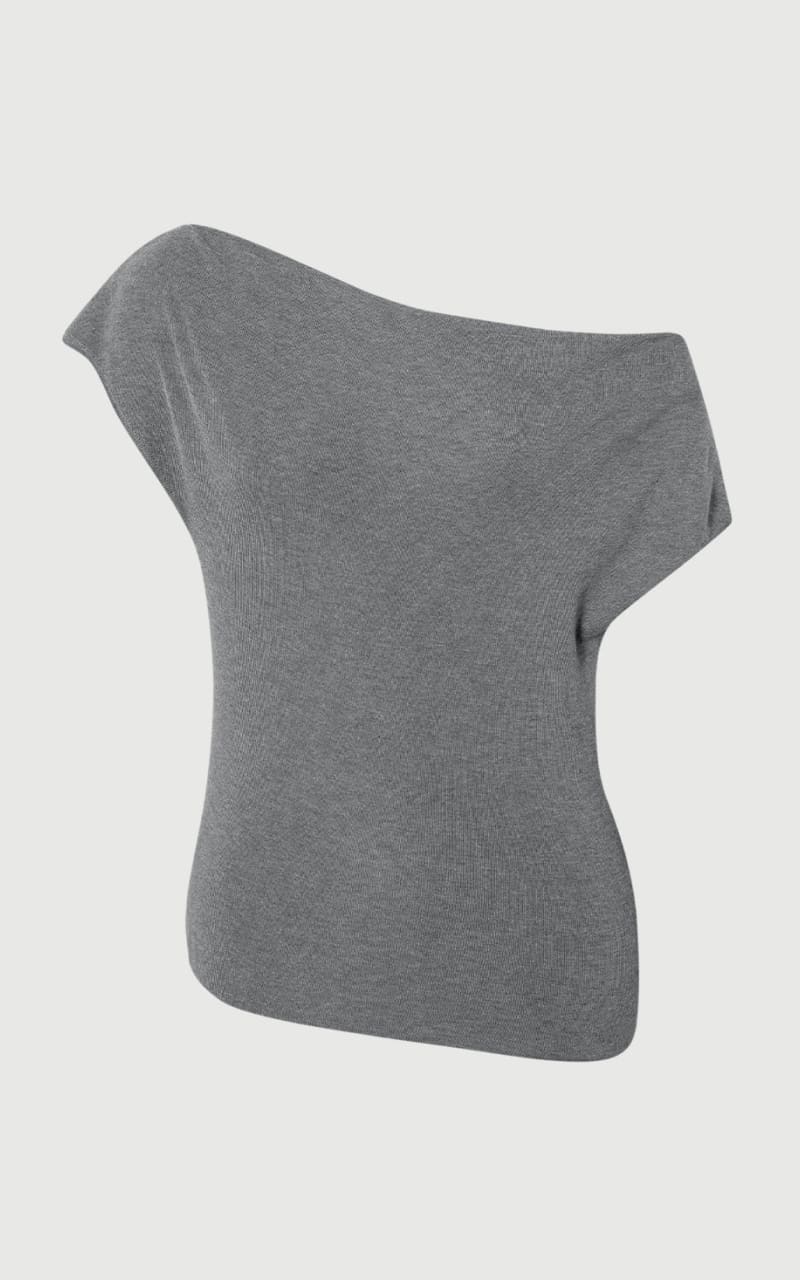MEILLEUR MOMENT- Drape-Neck Knit Top in Grey - Blouses &