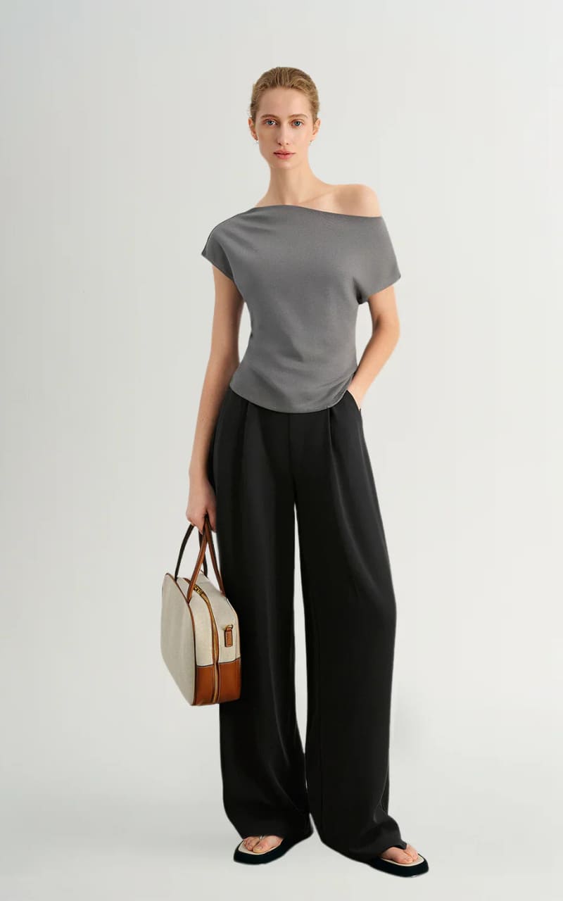 MEILLEUR MOMENT- Drape-Neck Knit Top in Grey - Blouses &