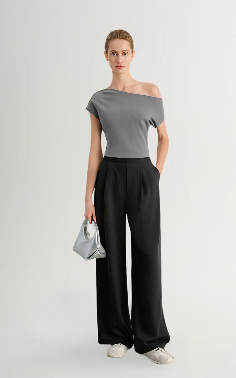 MEILLEUR MOMENT- Drape-Neck Knit Top in Grey - Blouses &
