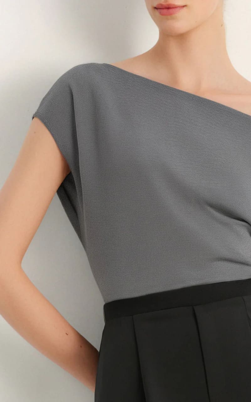MEILLEUR MOMENT- Drape-Neck Knit Top in Grey - Blouses &