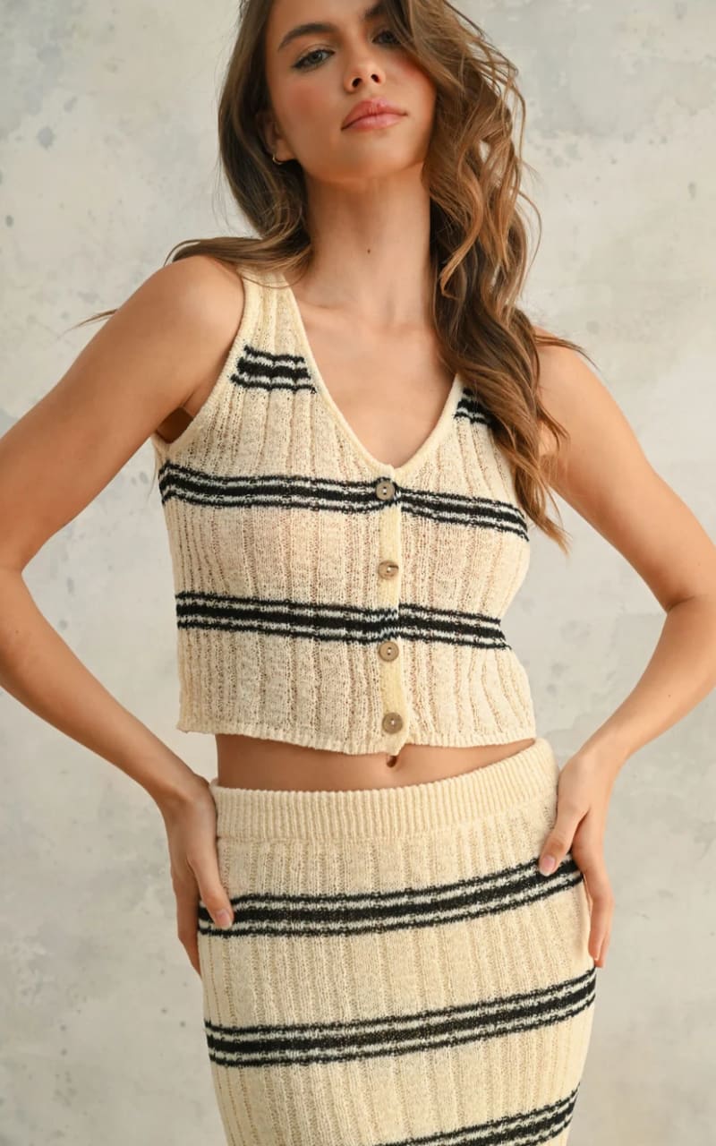 Miou Muse - Striped Buttoned Knitted Vest - Blouses & Tops
