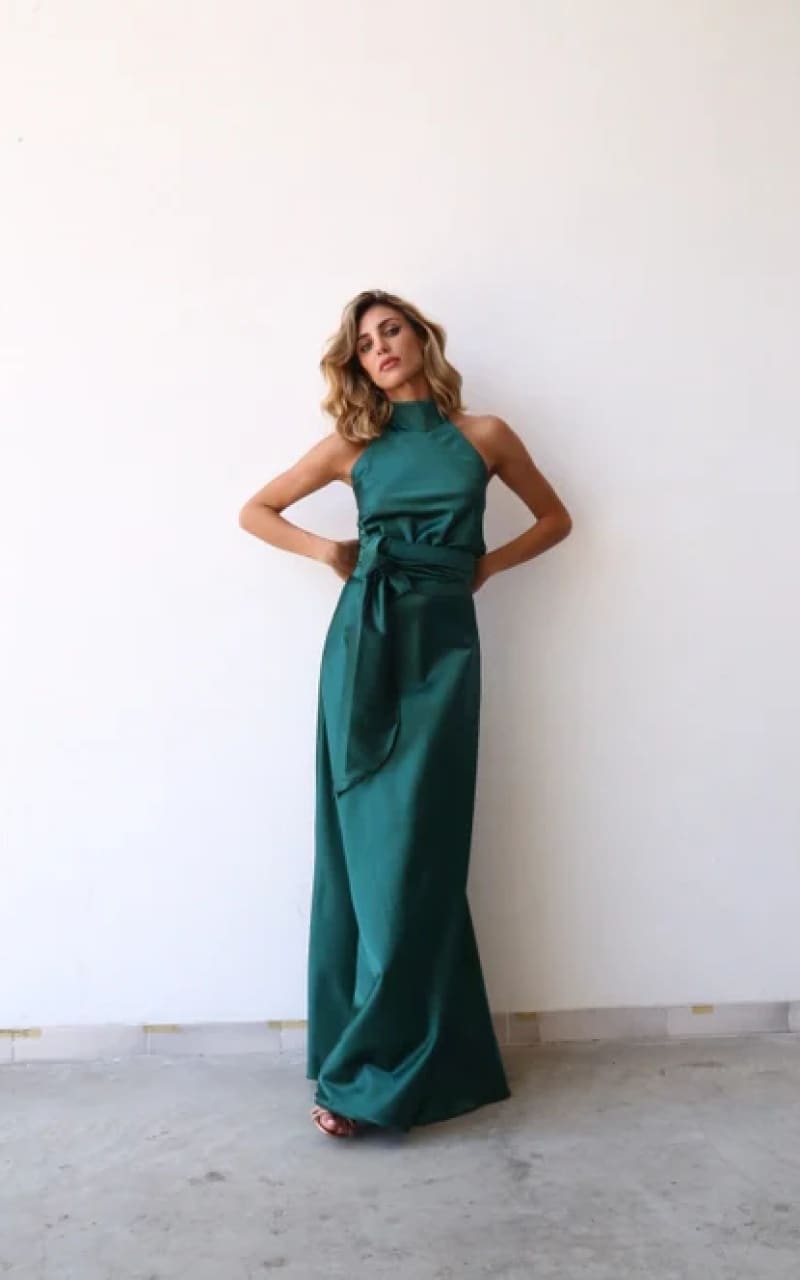 Moqette - American Long Dress with Bow in Bottle Green - XS