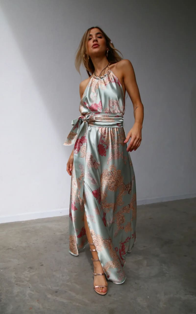Moqette Halter Maxi Dress with Chain Detail in Green Print