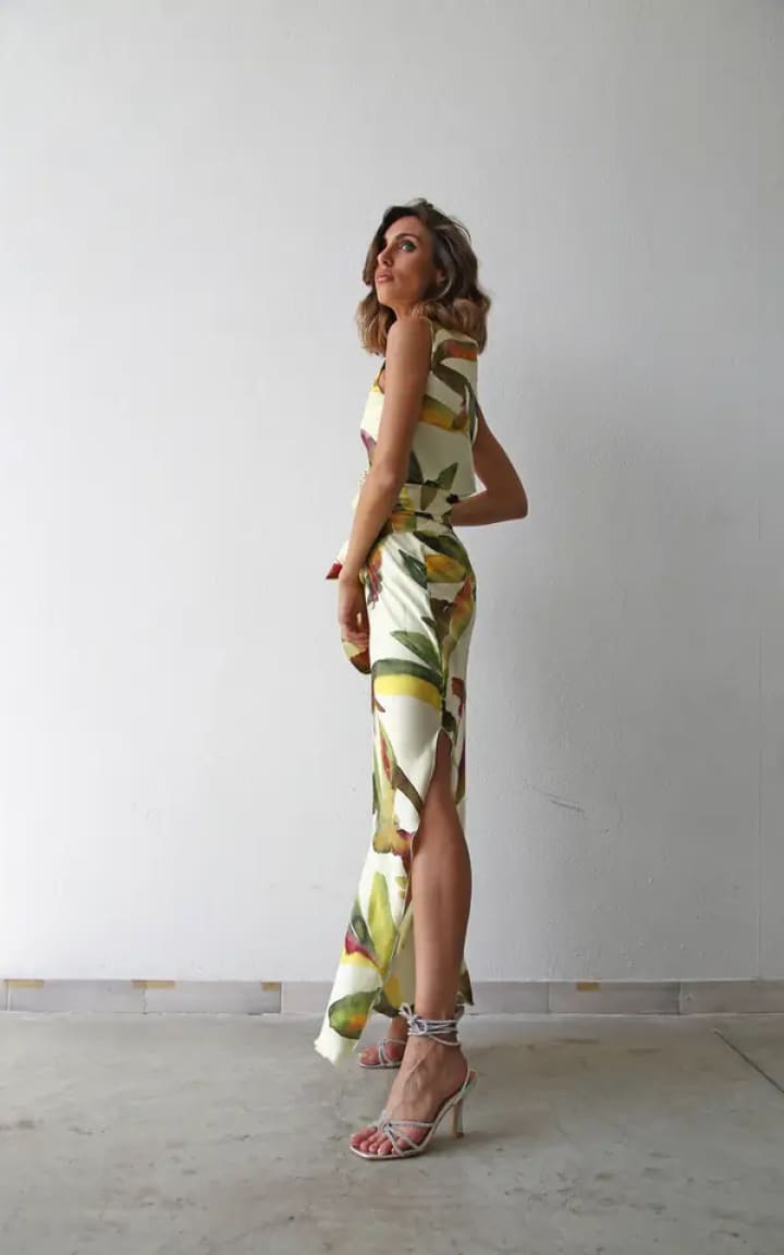 Moqette- Long Leaf Pattern Column Skirt