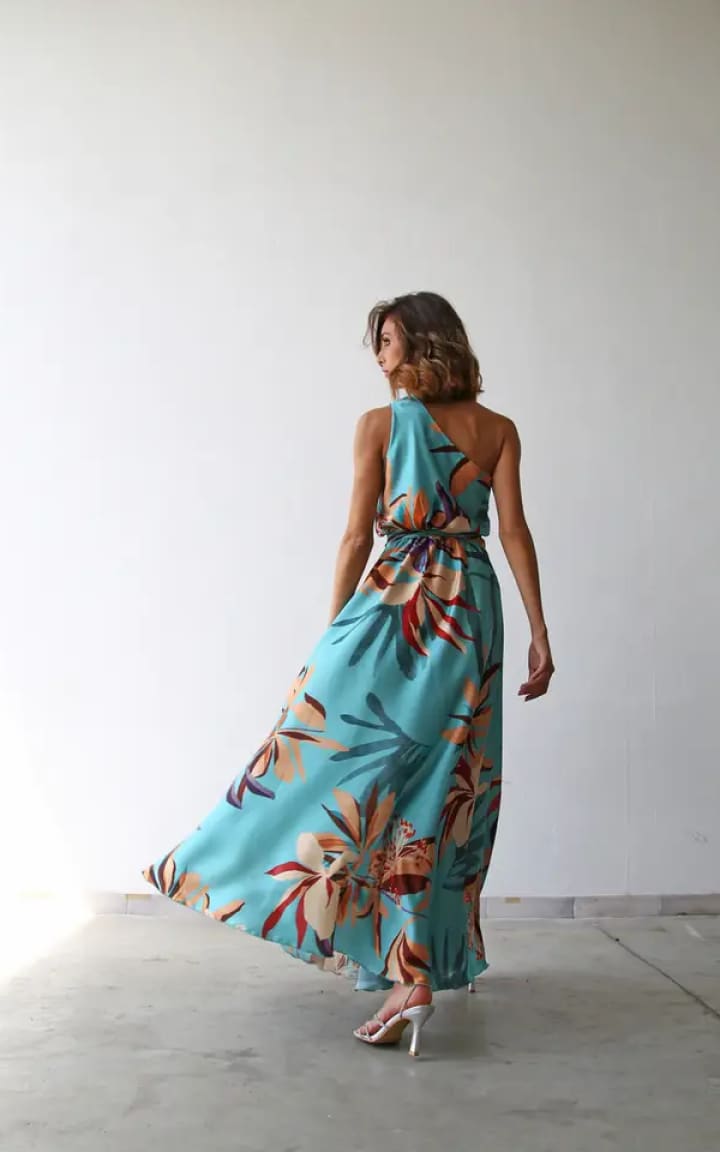 Moqette- One Shoulder Floral Long Dress with Belt