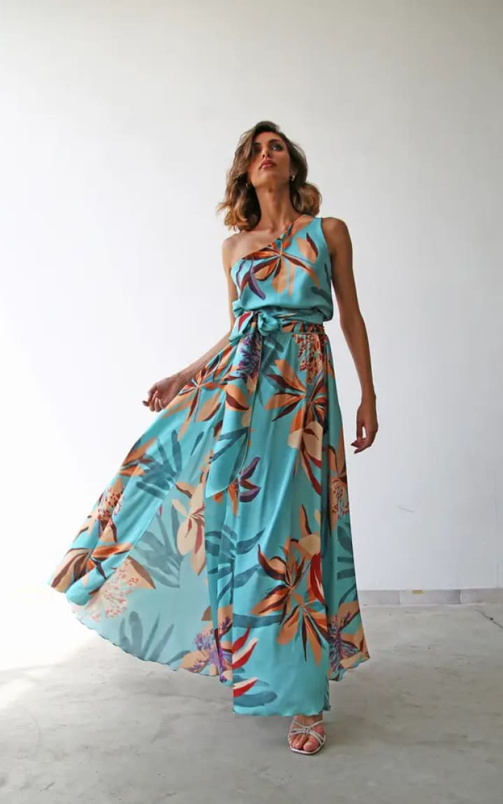 Moqette- One Shoulder Floral Long Dress with Belt