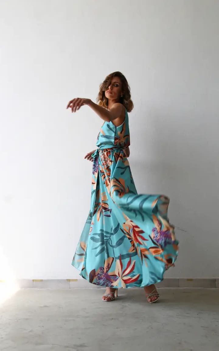 Moqette- One Shoulder Floral Long Dress with Belt