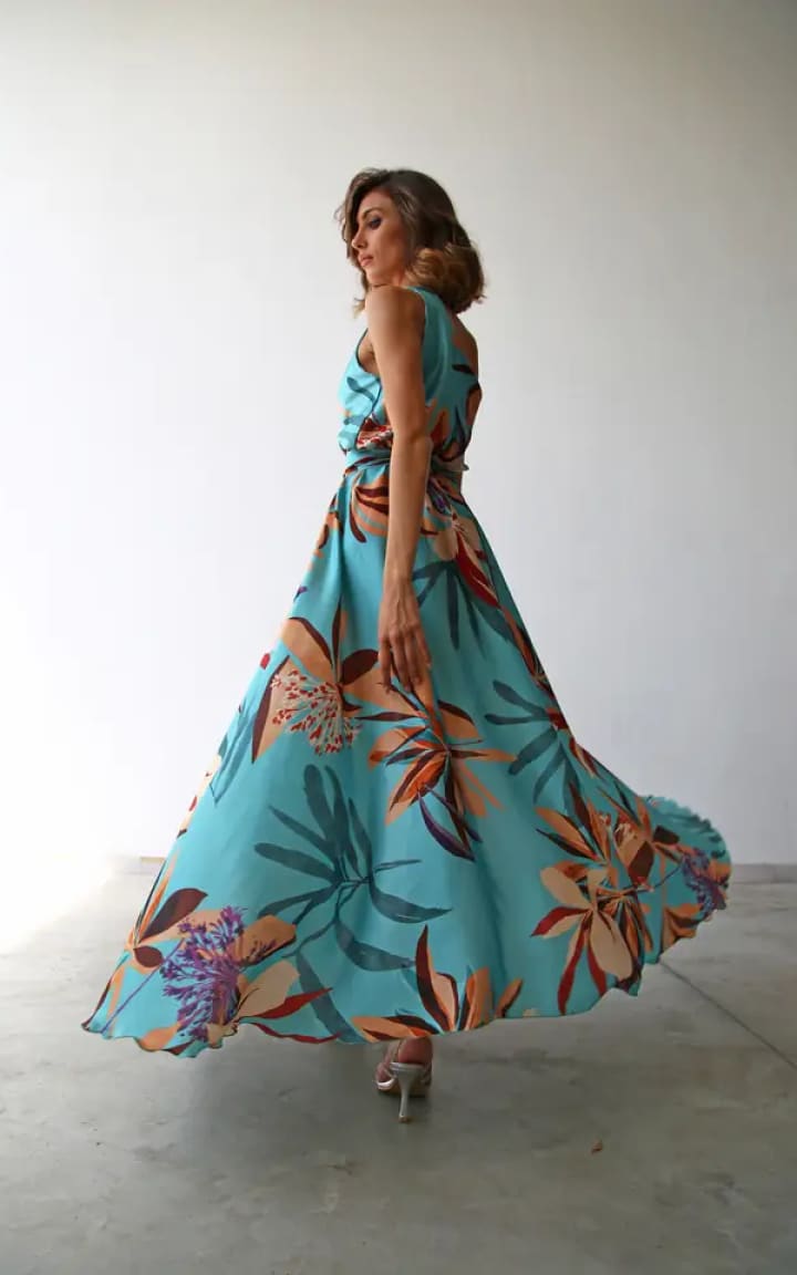 Moqette- One Shoulder Floral Long Dress with Belt