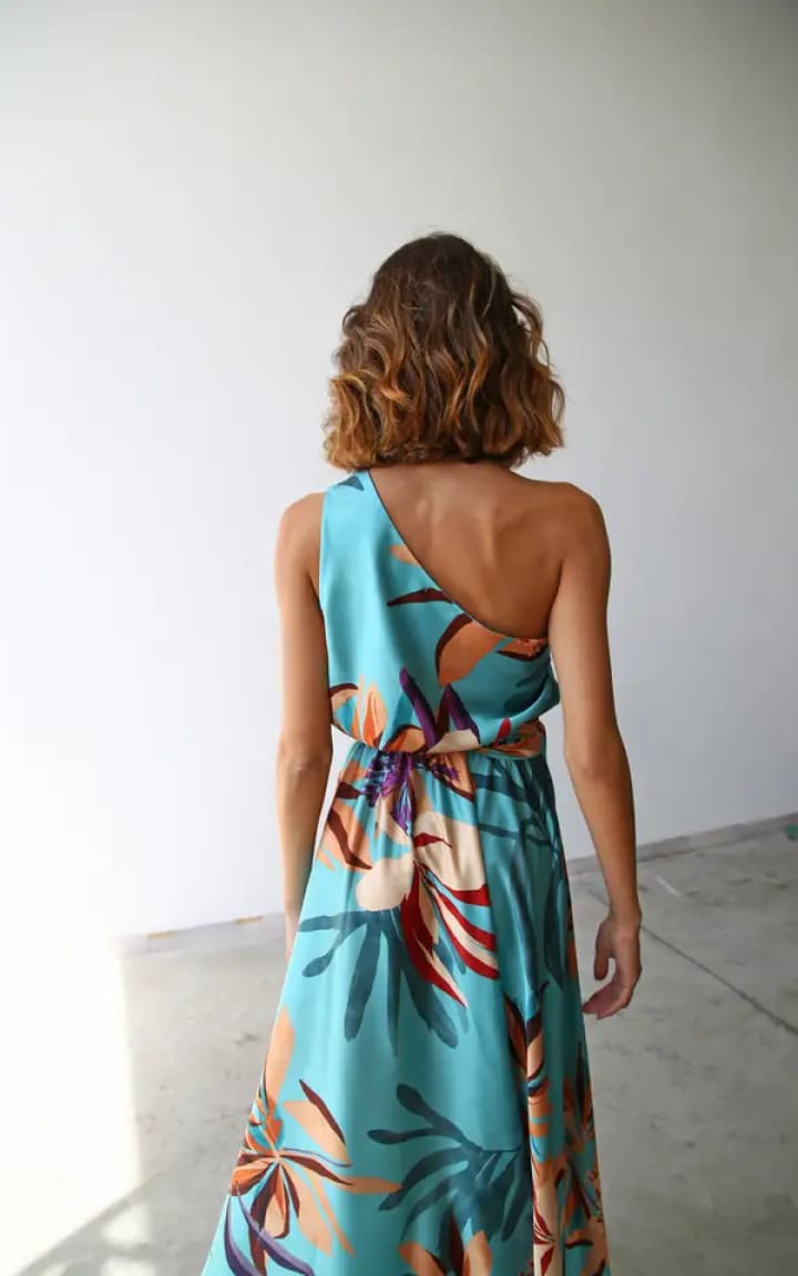 Moqette- One Shoulder Floral Long Dress with Belt