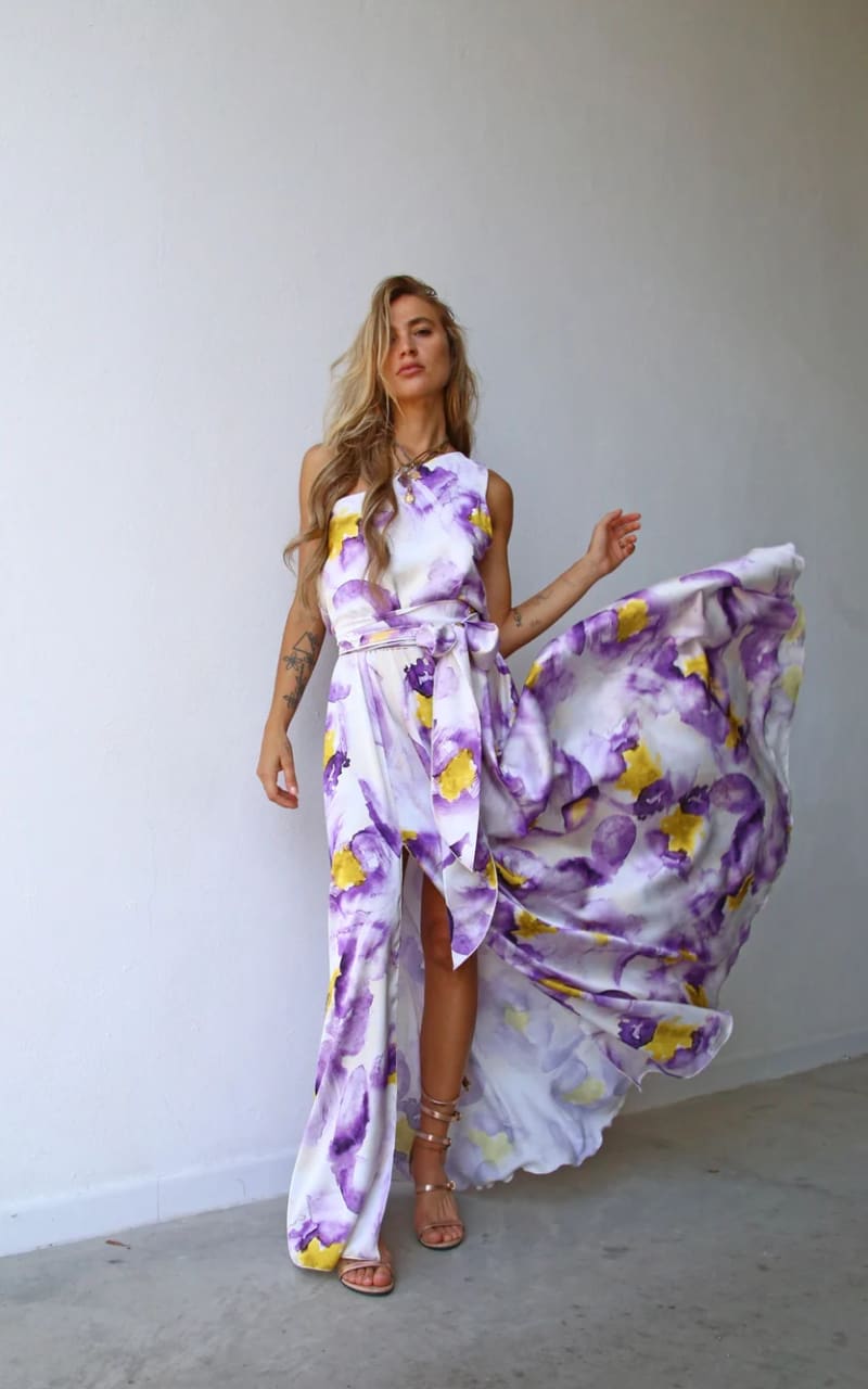 Moqette One Shoulder Satin Dress in Lilac Print DRESS