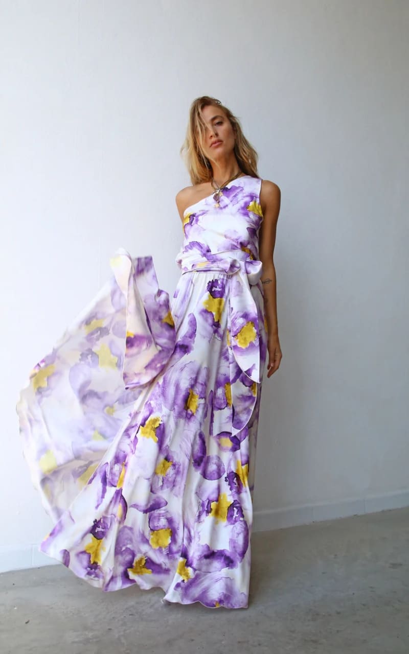Moqette One Shoulder Satin Dress in Lilac Print DRESS