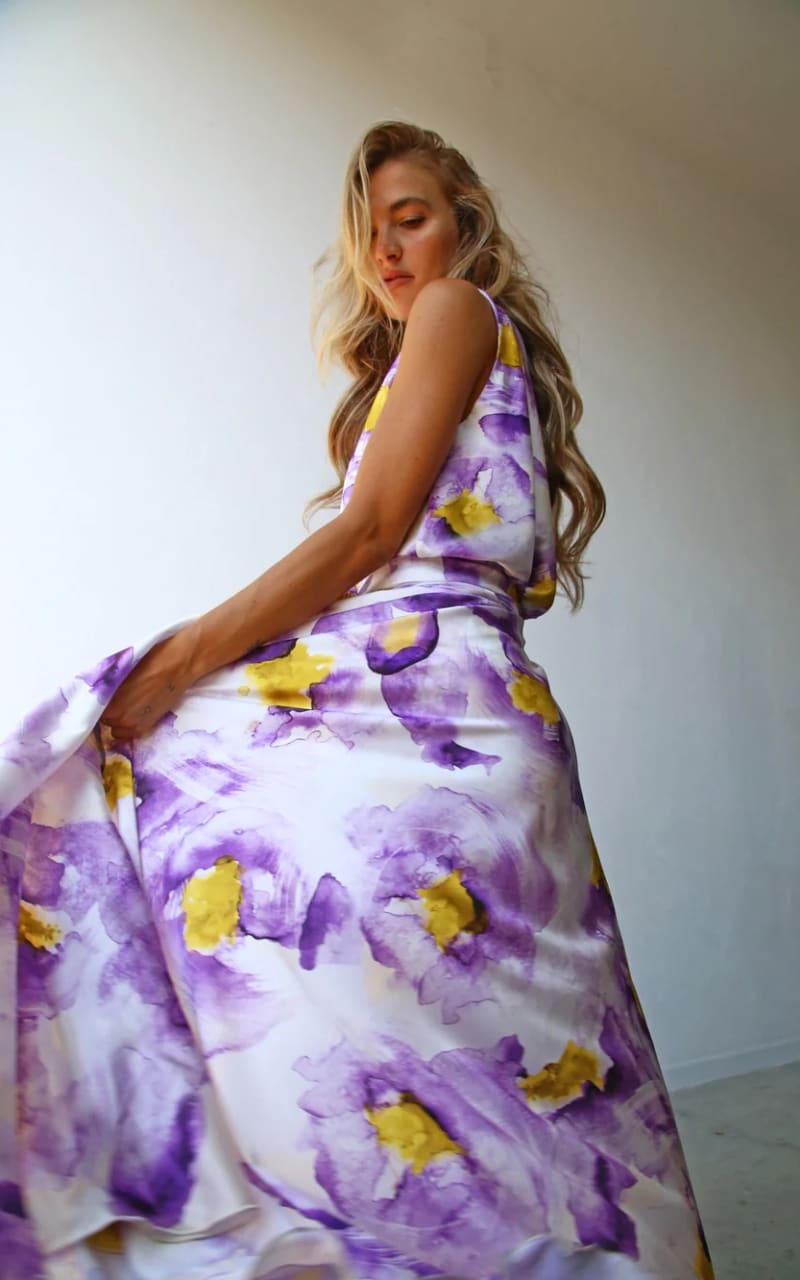 Moqette One Shoulder Satin Dress in Lilac Print DRESS