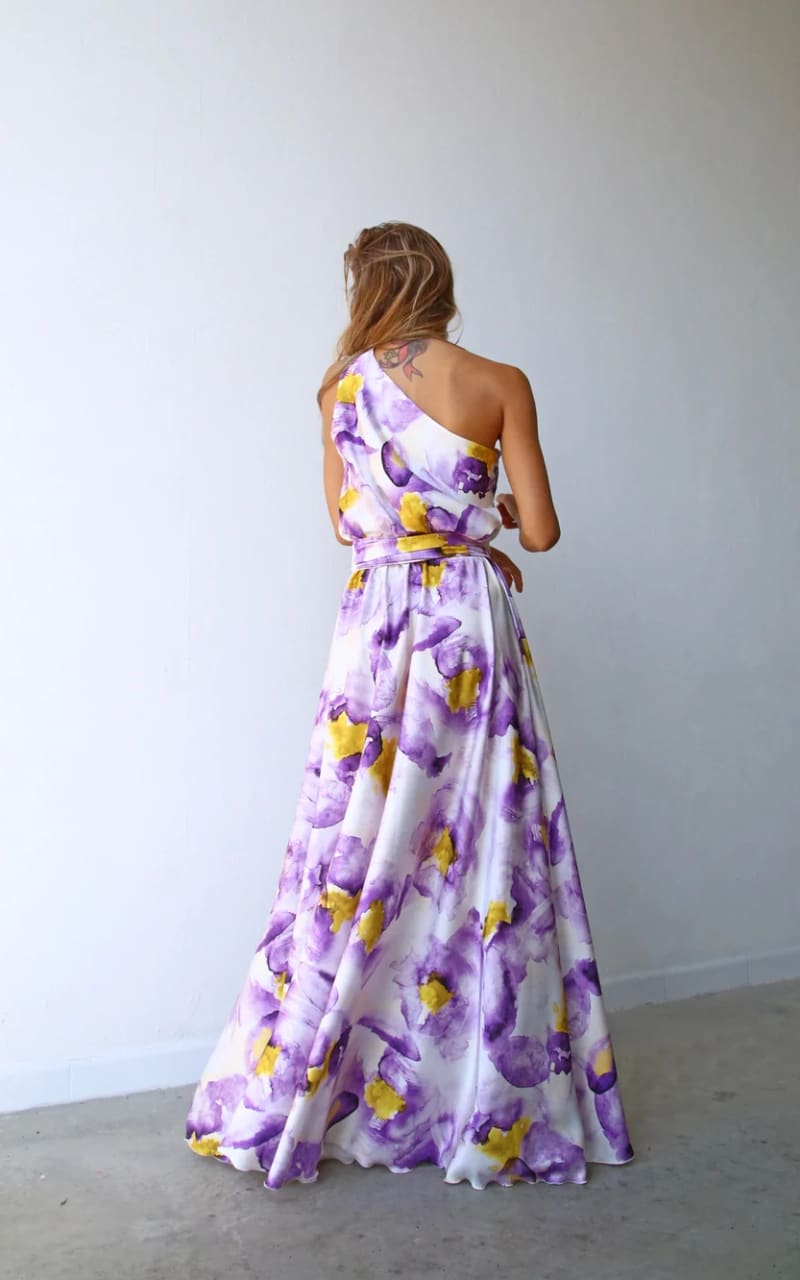 Moqette One Shoulder Satin Dress in Lilac Print DRESS